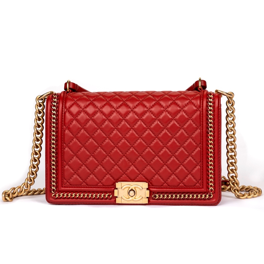 Chanel Boy Red Diamond Quilt Leather Flap handbag